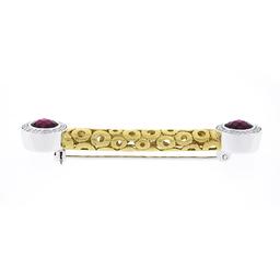 Unique 18k TT Gold Rubellite Tourmaline Diamond Open Circle Work Bar Pin Brooch