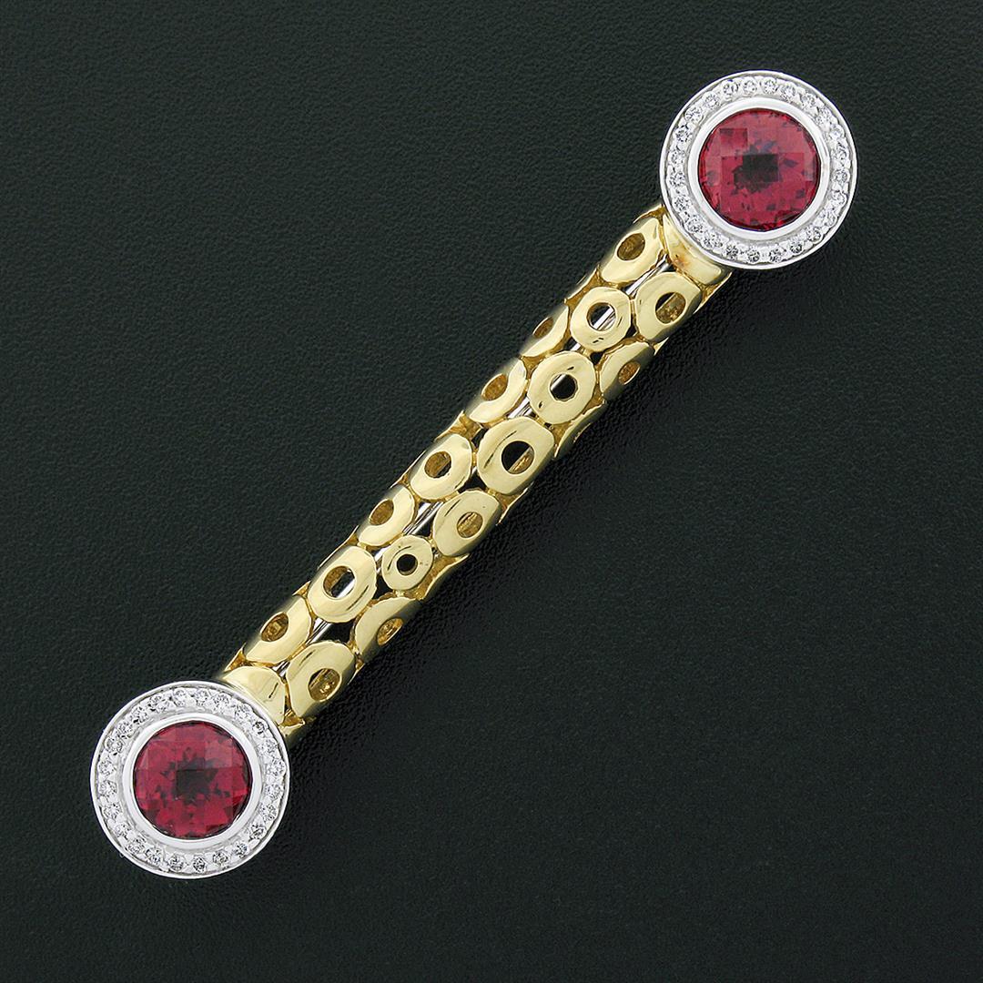 Unique 18k TT Gold Rubellite Tourmaline Diamond Open Circle Work Bar Pin Brooch