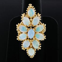 Vintage 14k Yellow Gold Oval Cabochon Opal Large Open Beaded Work Cocktail Ring