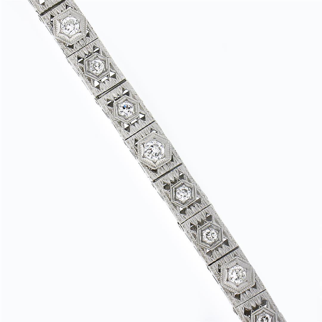 Antique Art Deco 14k White Gold 0.80 ctw European Diamond Filigree Line Bracelet
