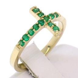 NEW 14k Yellow Gold 0.25 ctw Round Green Emerald Curved Sideways Cross Band Ring