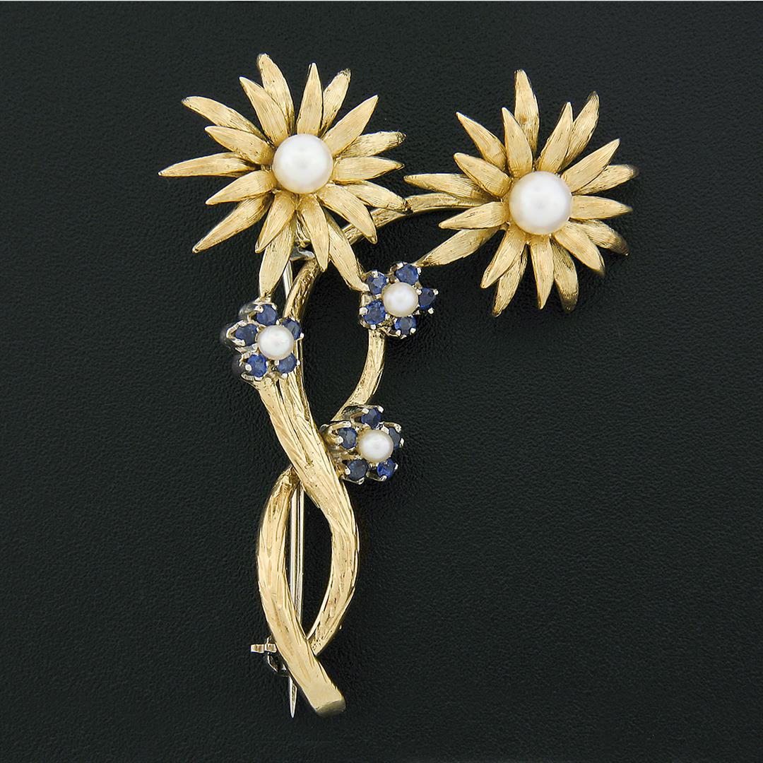 Vintage 18k Gold 0.30 ctw Sapphire Pearl Flower Burst Bundle Textured Brooch Pin