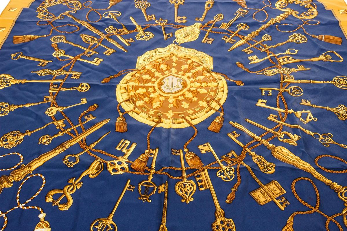 Hermes Blue and Golden Silk Les Clefs Scarf