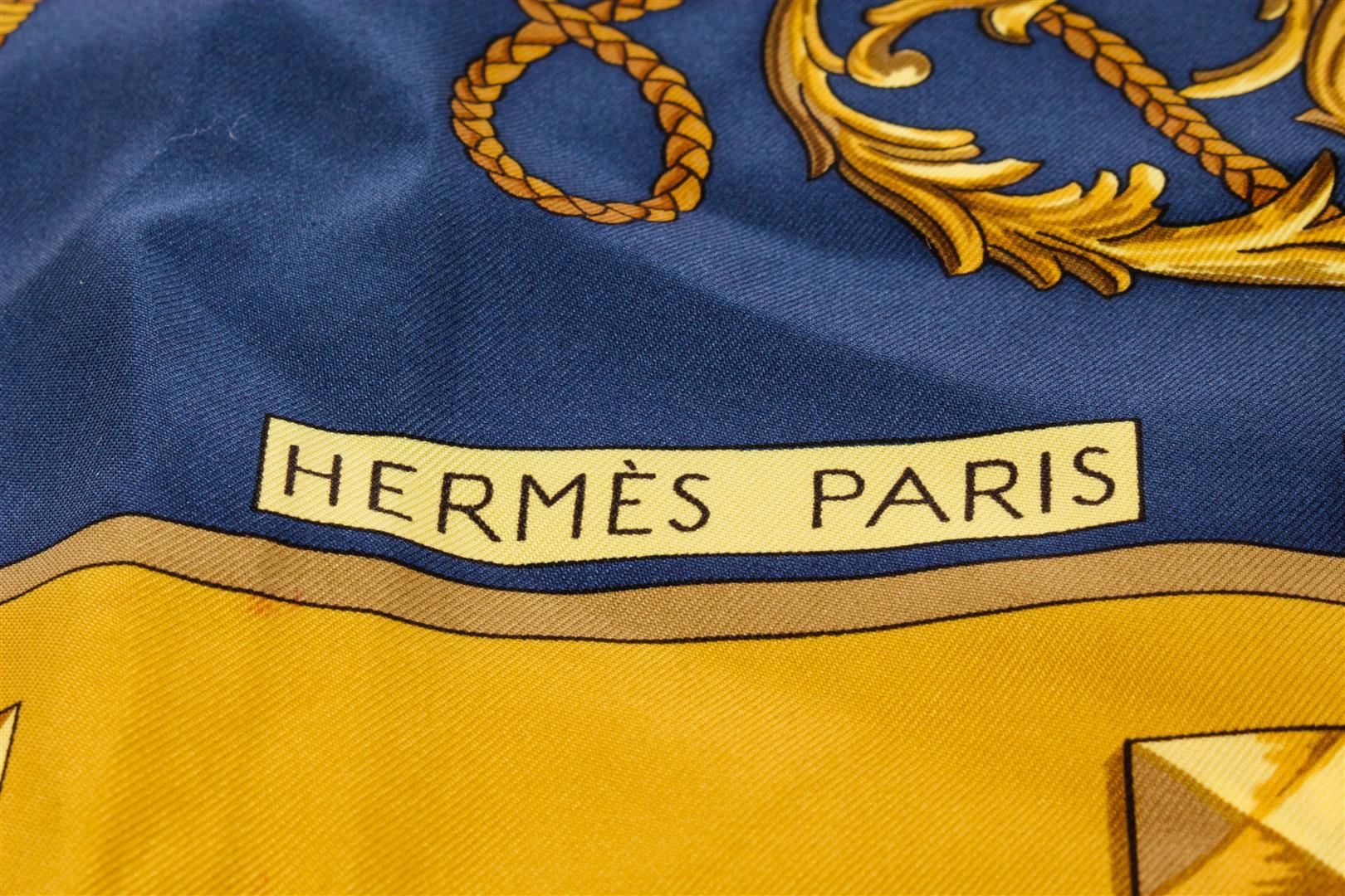 Hermes Blue and Golden Silk Les Clefs Scarf