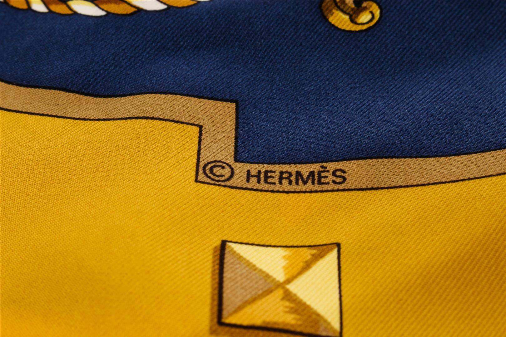Hermes Blue and Golden Silk Les Clefs Scarf