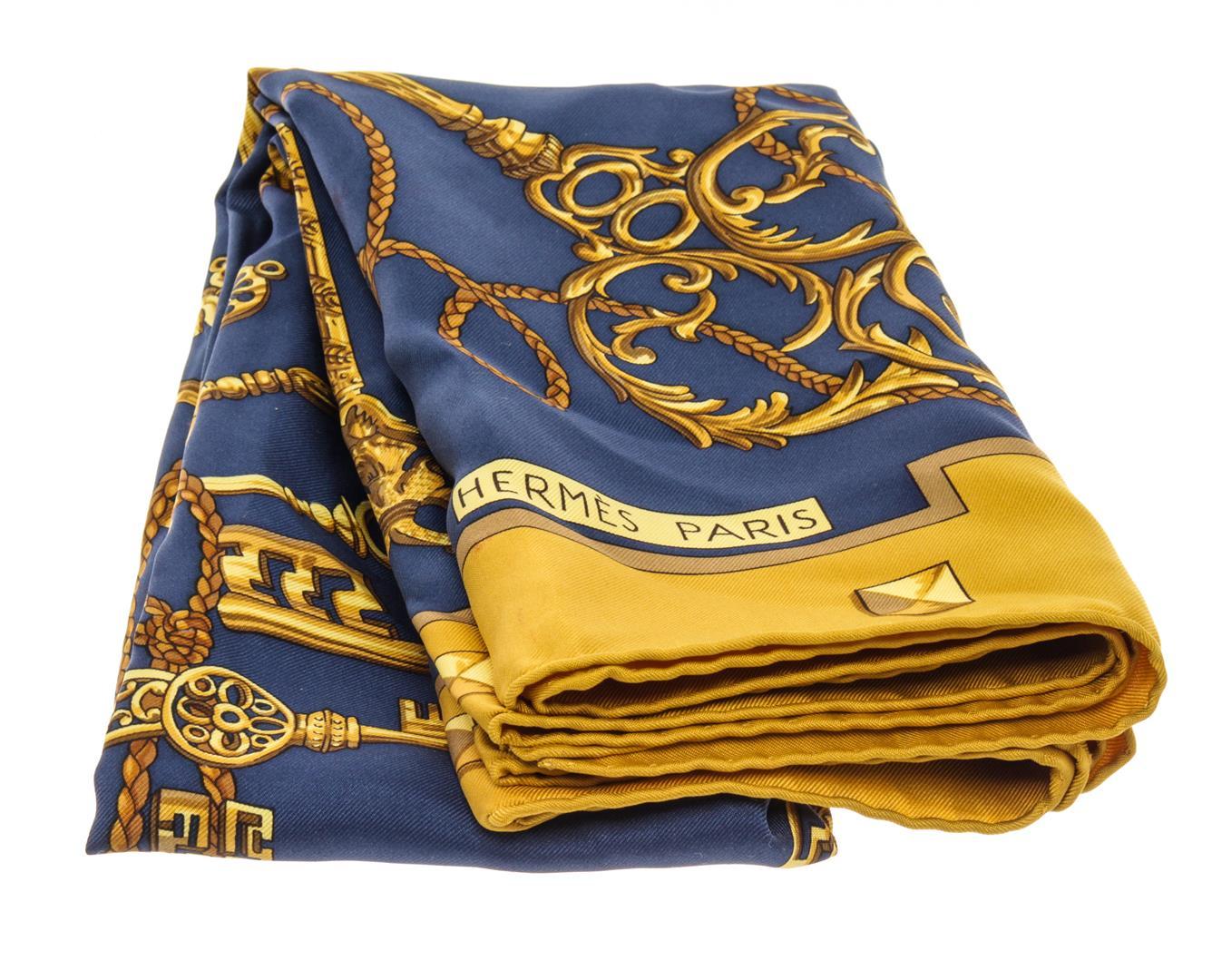 Hermes Blue and Golden Silk Les Clefs Scarf