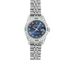 Rolex Ladies Quickset Stainless Steel Blue Roman 18K White Gold Diamond & Emeral