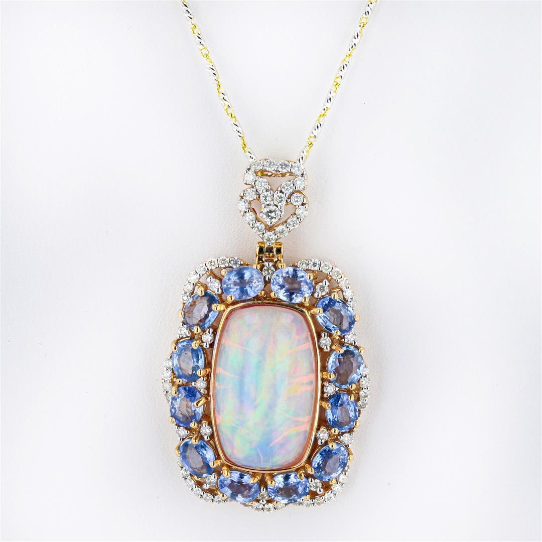 9.33 ctw Opal, 4.81 ctw Blue Sapphire and 0.82 ctw Diamond 14K Yellow and White