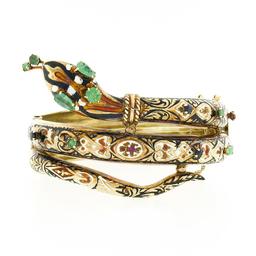 Vintage 14k Gold Multi Gemstone Enamel Coiled Snake Open Hinged Bangle Bracelet