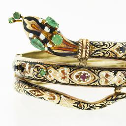 Vintage 14k Gold Multi Gemstone Enamel Coiled Snake Open Hinged Bangle Bracelet