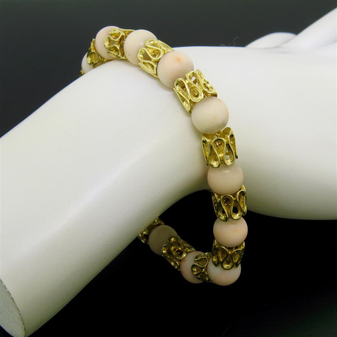 Vintage 18k Yellow Gold Twisted Link Bracelet w/ Matching Angel Skin Coral Beads