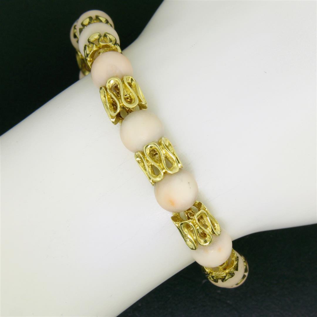 Vintage 18k Yellow Gold Twisted Link Bracelet w/ Matching Angel Skin Coral Beads