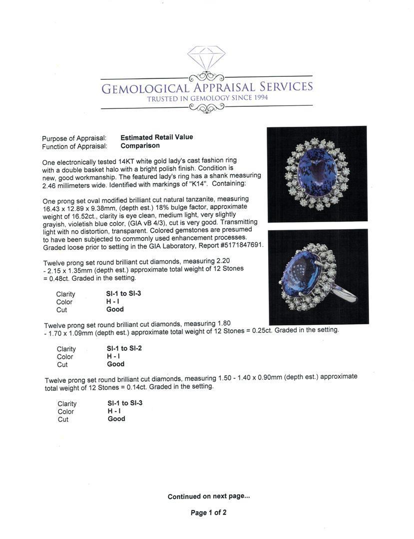 GIA Cert 16.52 ctw Tanzanite and Diamond Ring - 14KT White Gold