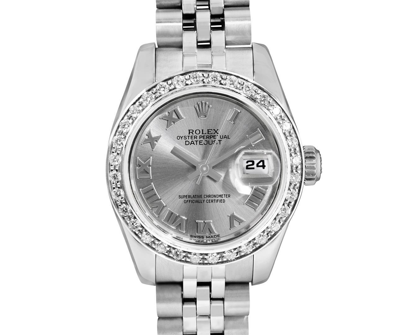 Rolex Ladies Quickset Stainless Steel Gray Roman 18K White Gold Diamond Bezel Da