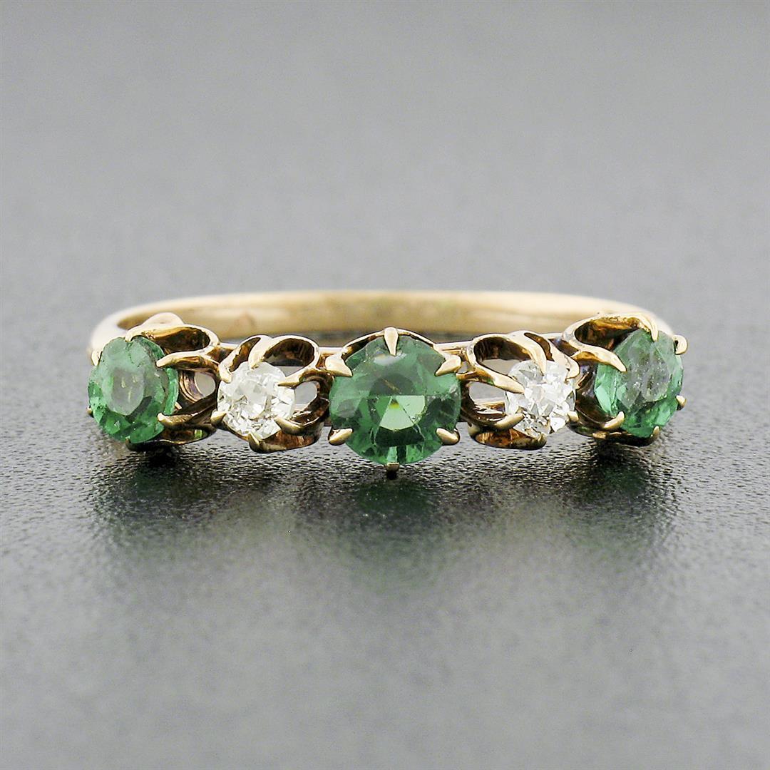 Antique Victorian 14k Gold .70 ctw Round Prong Tsavorite Diamond 5 Stone Band Ri