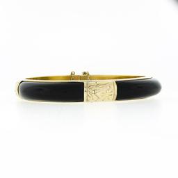 Vintage 14K Gold Black Onyx Hand Engraved Floral Work Hinged Bangle Bracelet