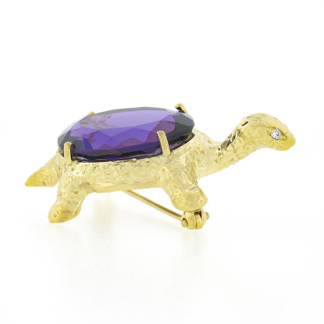 Vintage 14k Yellow Gold 11 ctw Oval Amethyst Diamond Turtle Tortoise Pin Brooch