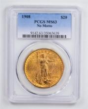 1908 $20 No Motto Double Eagle Gold Coin PCGS MS63