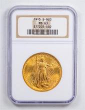 1915-S $20 Double Eagle Gold Coin NGC MS63