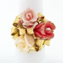 Vintage 14K Yellow Gold Carved Coral Rose Flower Bouquet Ribbon Cocktail Ring