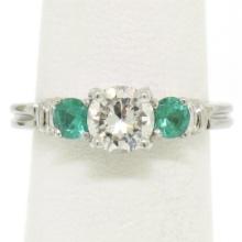 Classic Platinum 1.15 ctw GIA Round Brilliant Diamond & Emerald 3 Stone Ring