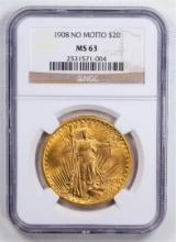 1908 $20 No Motto Double Eagle Gold Coin NGC MS63