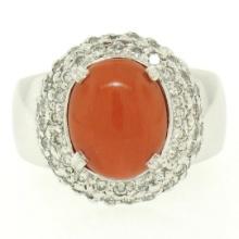 14k White Gold Oval Cabochon Red Coral Ring w/ 2.10 ctw Diamond Halo