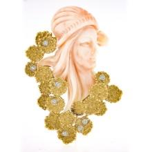 Vintage Carved Woman Angel Skin Coral.24 ctw Diamond 18K Gold Textured Pin Brooc