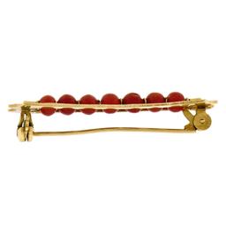 Vintage Italian Faceted 18K Yellow Gold Round Ox Blood Coral Bead Bar Pin Brooch