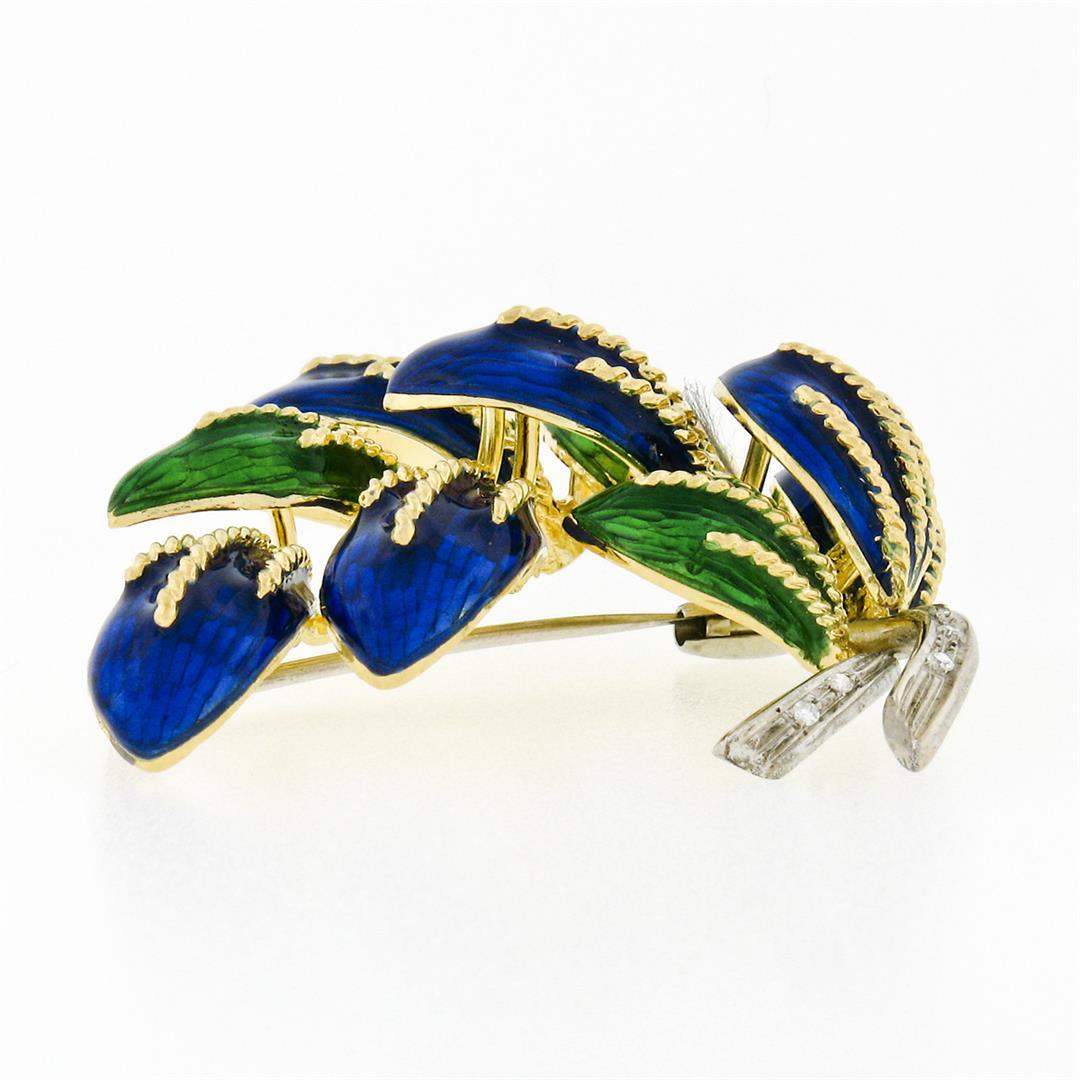 Vintage Italian 18K TT Gold Green Blue Enamel & Diamond Textured Leaf Brooch Pin