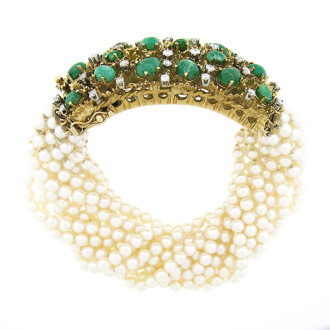 Vintage 18k Gold 7" 14.65 ctw Diamond & Cabochon Emerald 12 Strand Pearl Bracele