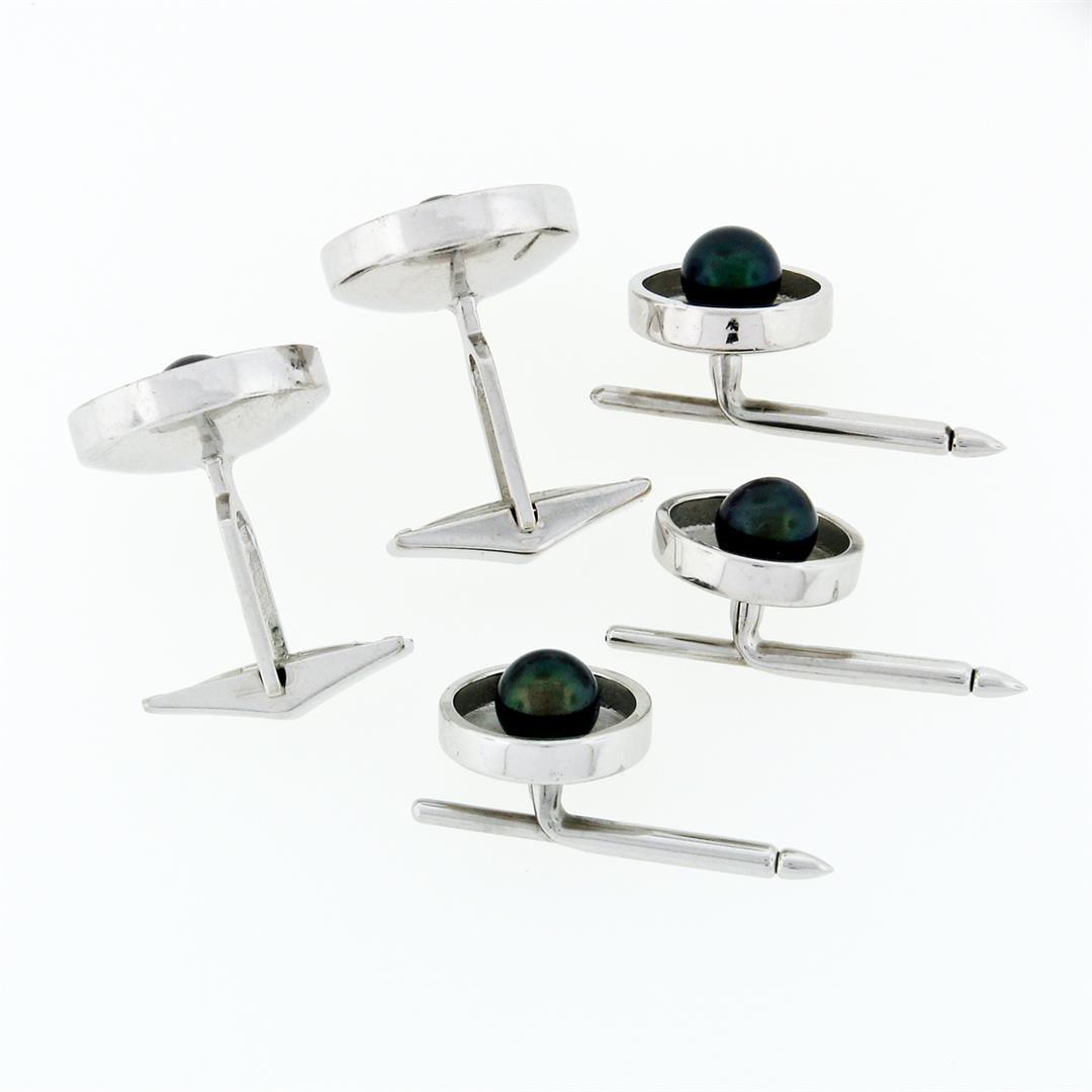 Estate Men's 14k White Gold Round Black Pearl Cuff Links & 3 Button Stud Set