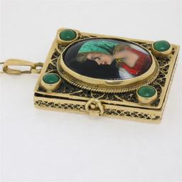 Antique French 14k Gold Turquoise Enamel Portrait Hinged Locket Pendant Necklace