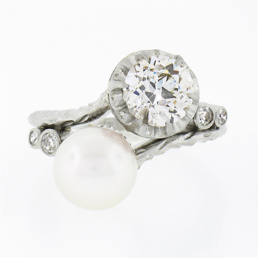 Antique Platinum 1.50 ctw GIA European Diamond Cultured Pearl Textured Bypass Ri