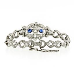 Antique Art Deco Platinum GIA Round Diamond Sapphire Infinity Leaf Link Bracelet