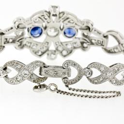 Antique Art Deco Platinum GIA Round Diamond Sapphire Infinity Leaf Link Bracelet