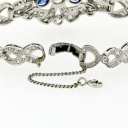 Antique Art Deco Platinum GIA Round Diamond Sapphire Infinity Leaf Link Bracelet