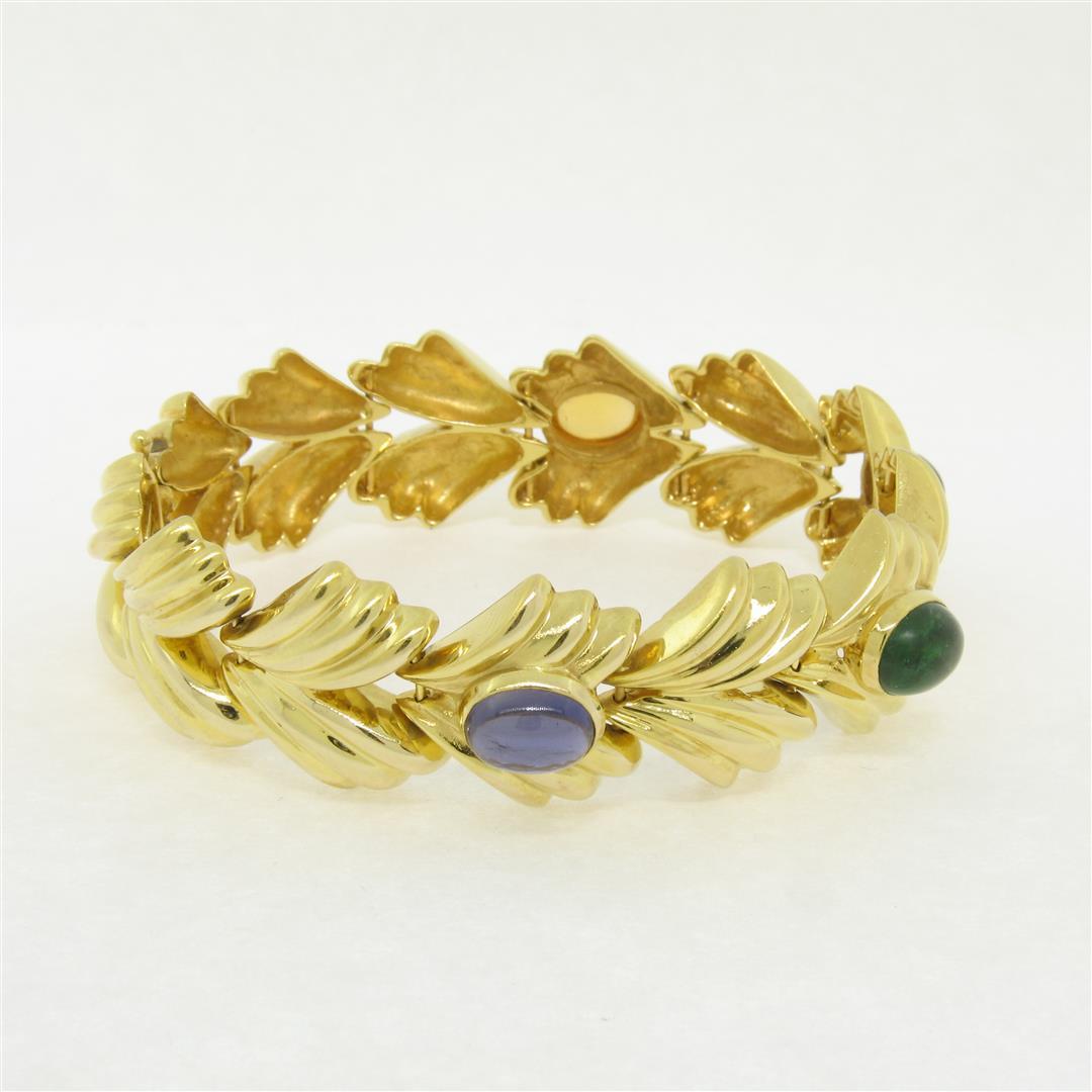 14k Yellow Gold 6.81 ctw Multi Gemstone Ribbed Wide Leaf Chain Bracelet