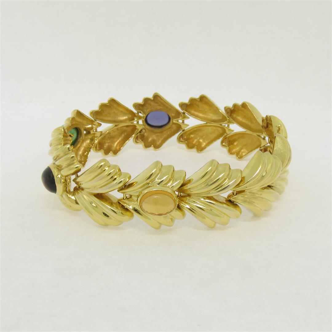 14k Yellow Gold 6.81 ctw Multi Gemstone Ribbed Wide Leaf Chain Bracelet