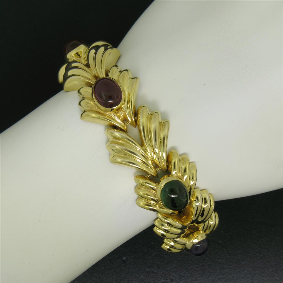 14k Yellow Gold 6.81 ctw Multi Gemstone Ribbed Wide Leaf Chain Bracelet