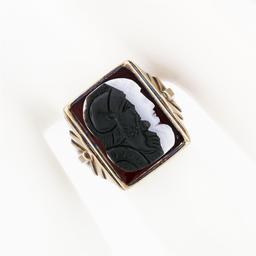Antique Victorian 14k Gold White & Black Agate Double Cameo on Carnelian Ring