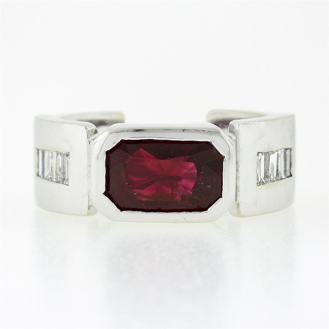 Unisex Vintage 14k Gold 3.55 ctw Rectangular GIA Burma Bezel Ruby & Diamond Ring