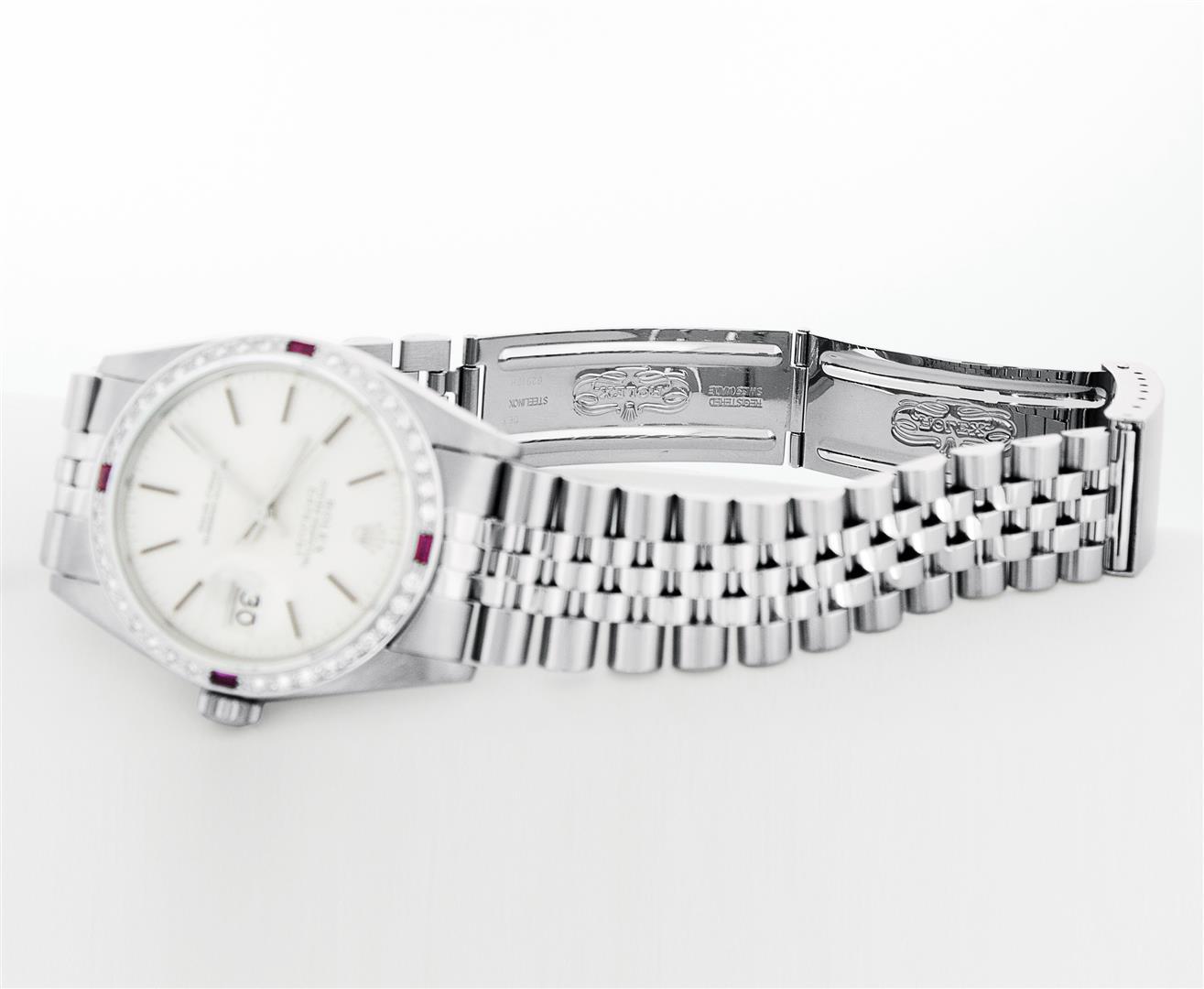 Rolex Mens Stainless Steel Silver Index 18K White Gold Diamond & Ruby Bezel 36MM