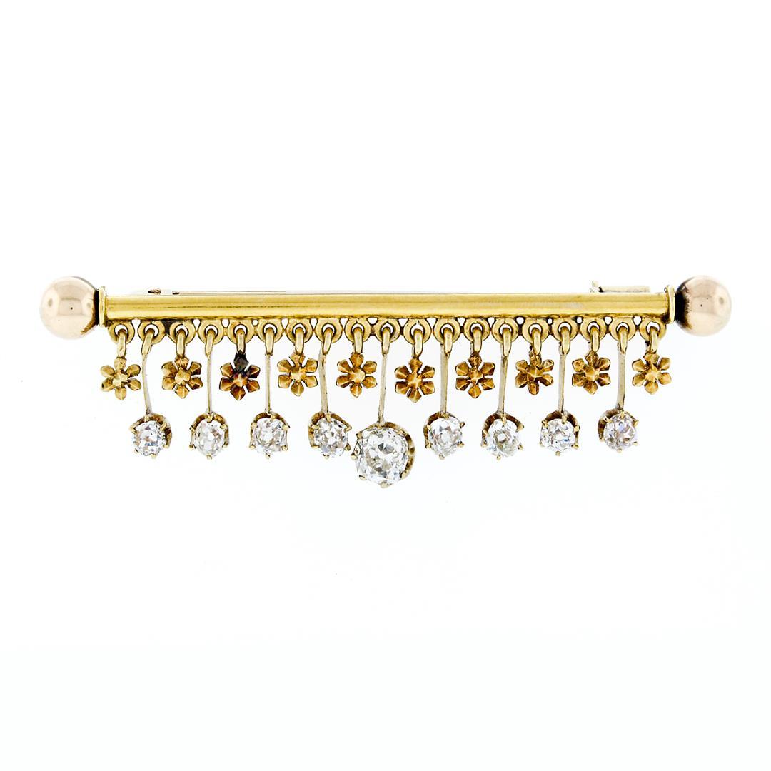 Antique Victorian 18k Gold 2.40 ctw Old Mine Diamond Flower Dangle Bar Pin Brooc