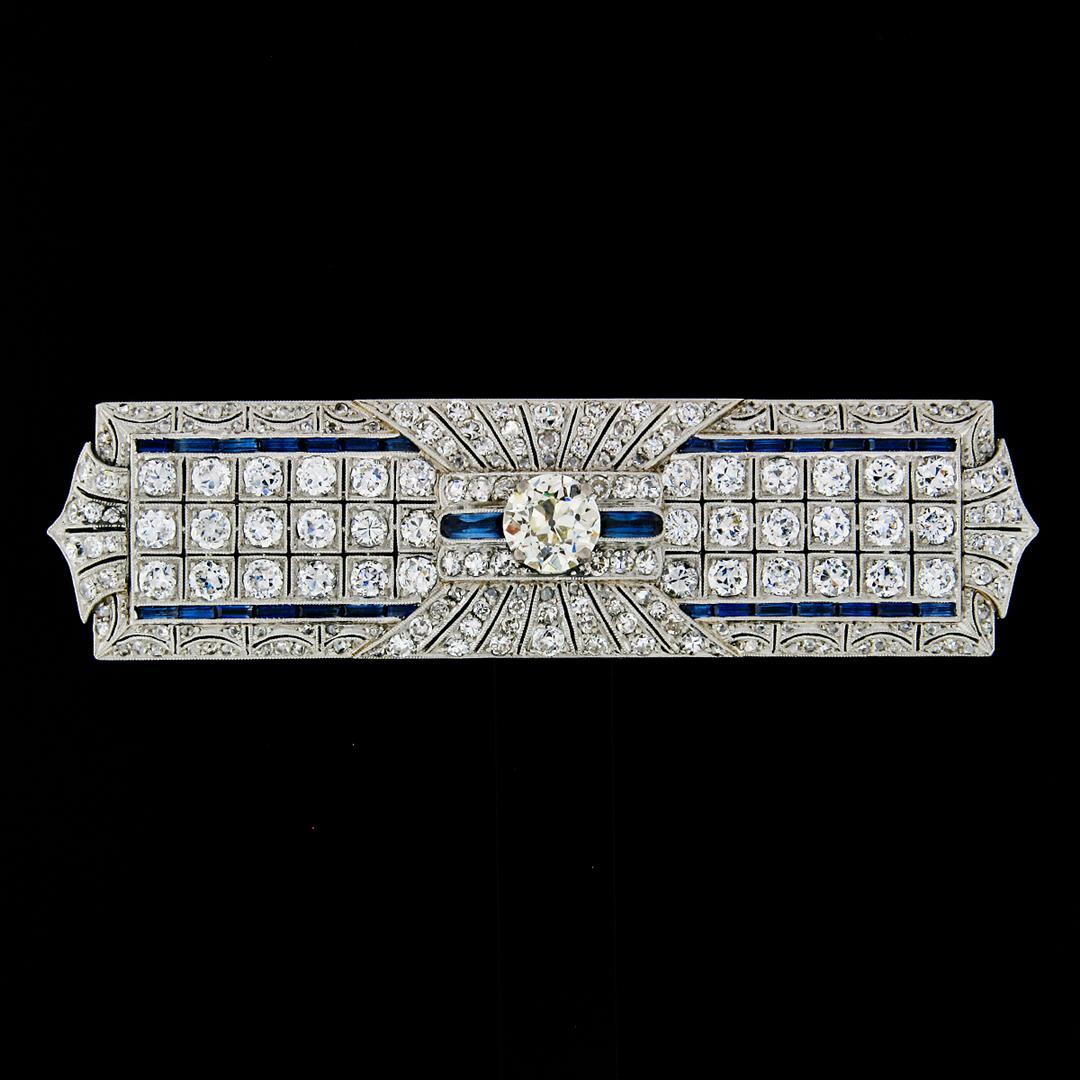 Antique Art Deco Platinum 7.24 ctw Diamond Large Sapphire Filigree Brooch Pin