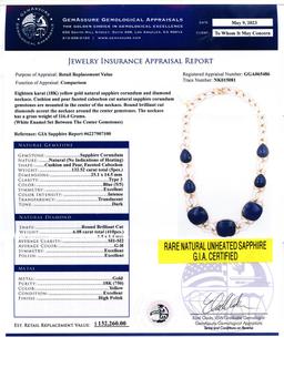 132.52 ctw UNHEATED Blue Sapphire and 6.08 ctw Diamond 18K Yellow Gold Necklace