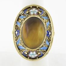 Vintage 14k Gold Bezel Tiger's Eye LARGE Oval Floral Enamel Filigree Frame Ring