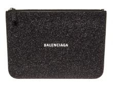 Balenciaga Black Glitter Leather Logo-Print Zipped Clutch