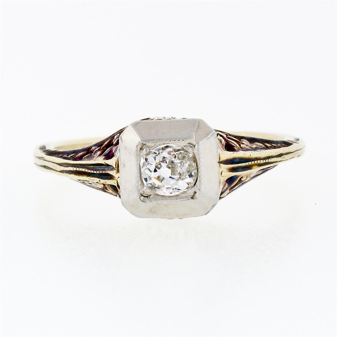 Antique Edwardian 14K TT Gold 0.15 ctw Old Mine Diamond Filigree Engagement Ring