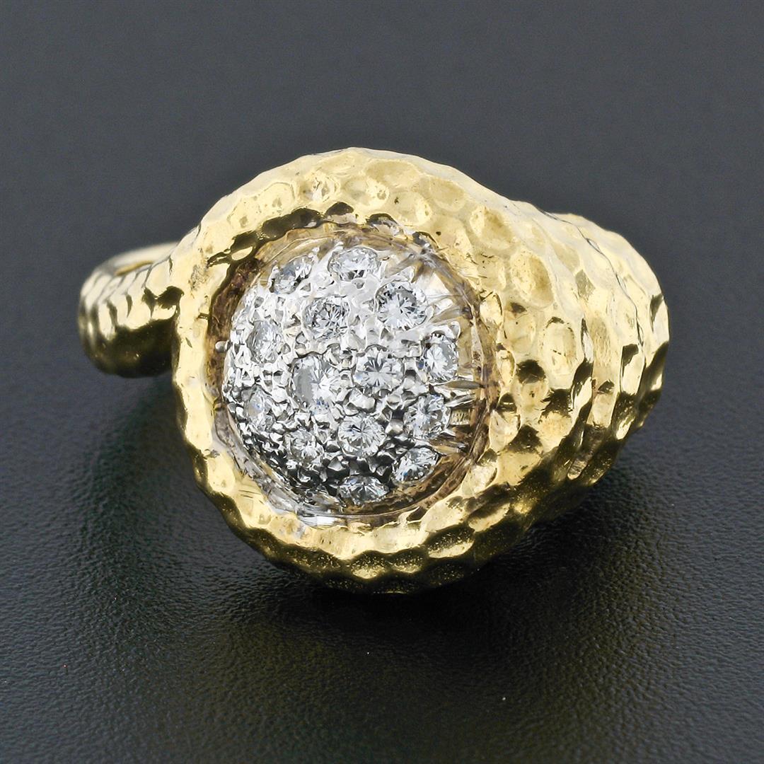 FINE 18k Gold R. Stone Dome Cluster Diamond Hammered Turritella Conch Shell Ring